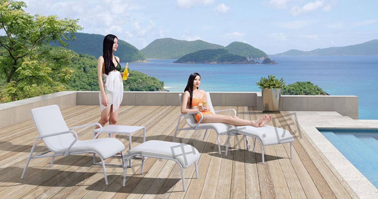 帝加三亚酒店庭院户外白色铝制休闲躺椅 泳池躺椅脚凳组合套餐