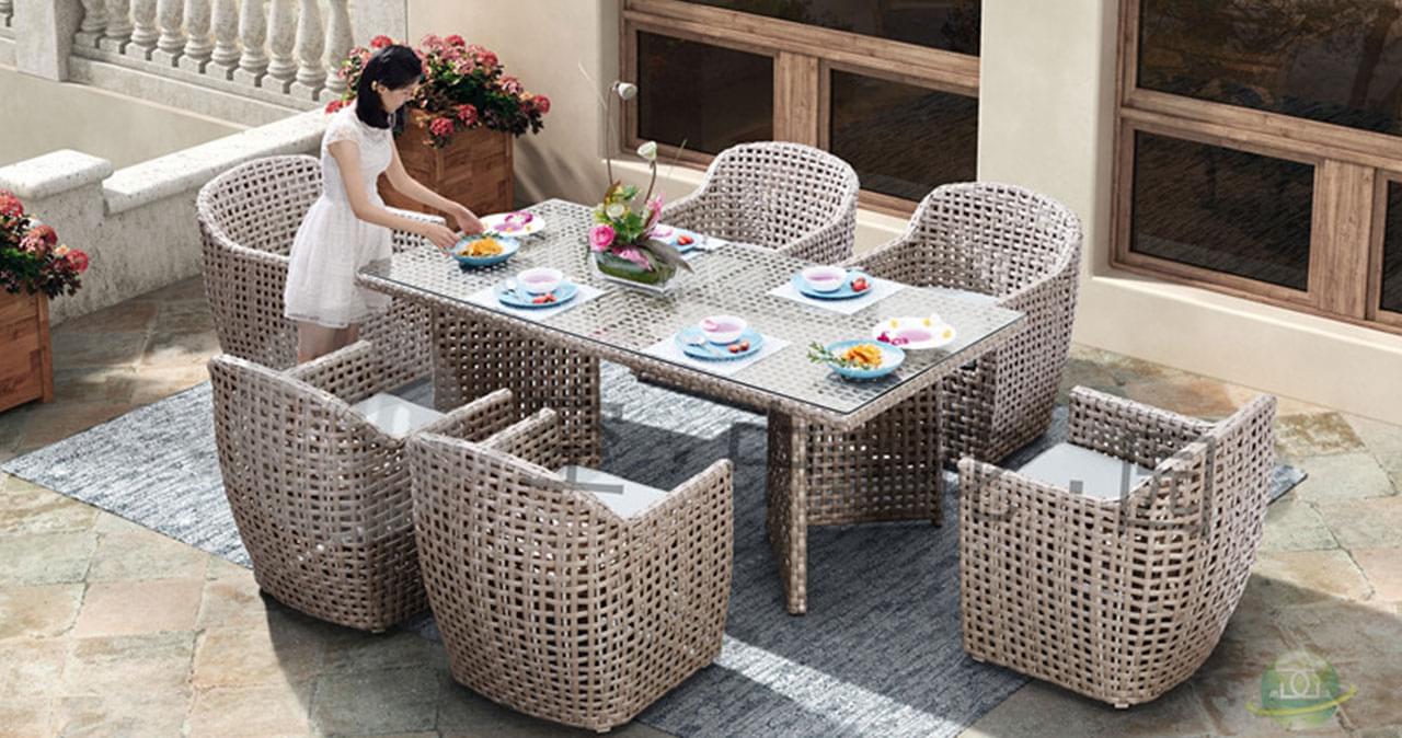 帝加奥塔维餐桌七件套（1长餐桌+6餐椅） 时尚户外家具藤艺桌椅套件