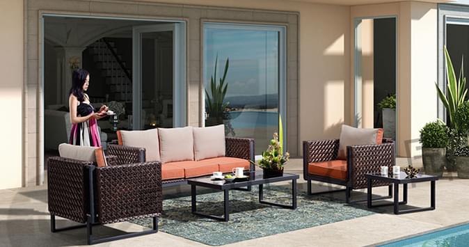 帝加迪拜飞毯金铜色藤拉花编织组合桌椅套件 室外花园庭院露天阳台桌椅子