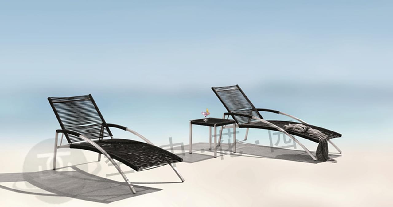 帝加威斯汀户外沙滩躺椅 黑色圆形织带不锈钢时尚休闲躺床茶几组合