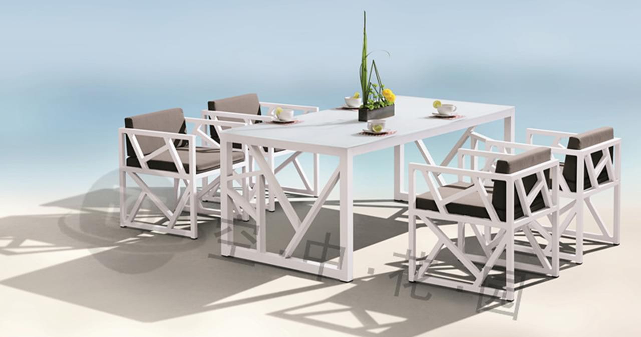 帝加雅典现代简约 高档铝合金几何桌椅五件套 白色户外庭院花园别墅时尚休闲桌椅