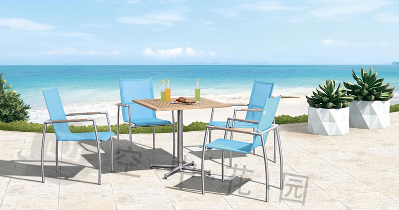 帝加雅加达304不锈钢缅甸柚木实木桌椅 户外休闲蓝色法拉利网布桌椅套餐（1桌4椅）